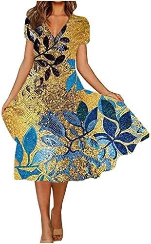 lcziwo цветен фустан за жени против вратот краток ракав лежерен долг фустан вратоврска боја печатена миди фустани за жени одмор