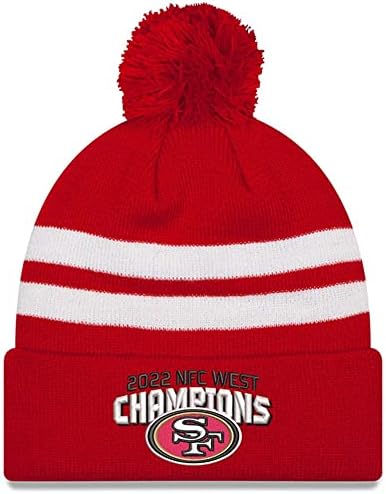 Нова ера машки Скарлет Сан Франциско 49ers 2022 NFC West Division Champions Top Stripe Cuffeed Pom плетена капа