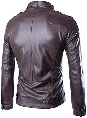IYYVV Менс есен зимски обичен долг ракав цврст штанд со моторцикл кожен палто јакна кафе