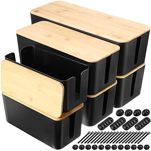 6 пакет Организатор на кутија за управување со кабел со капа на бамбус, големи средни мали организаторски кутии со кабел за управување