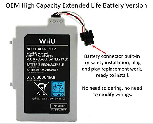 Безжичен Finest 3600mAh со висок капацитет за продолжен живот батерија + замена на алатката за Nintendo Wii U GamePad на полнење на долготрајно прашање за траење на мртва моќност
