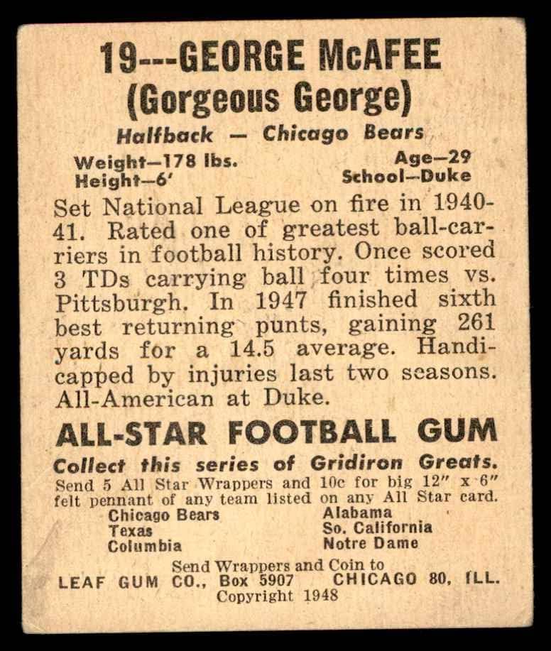 1948 Лист 19 XGOR George McAfee Chicago Bears VG Bears