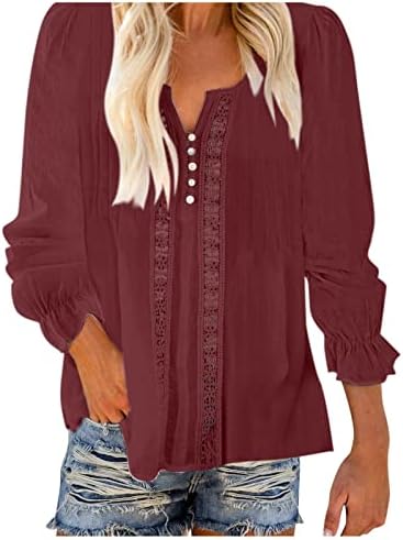 Плус големина карирана кошула женска женска модна цврста копче V врат со долг ракав, едноставни кошули со долг ракав за