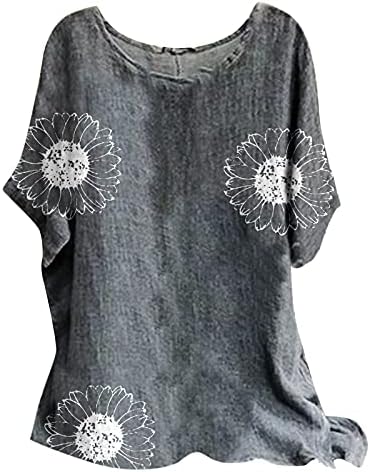 Womenените обични лабави врвови летни кратки ракави сончогледи цветни печати тунична блуза глуварска графичка маица Daisy Tee кошула