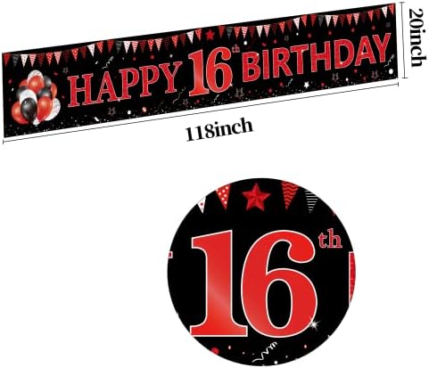 Црвена Црна 16-Ти Роденден Банер Украси За Момчиња Девојчиња, Црна И Црвена Среќен 16 Роденден Двор Банер Забава Материјали, Големи Шеснаесетгодишниот