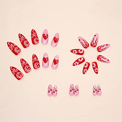 Облик На бадем Притиснете На Ноктите Лажни Нокти Со Средна Должина Црвени Розови Лажни Нокти Срце Цвет Цреша Пламен Насмевка Дизајн На