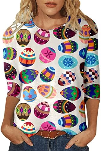 Велигденски Кошули За Жени Слатки Блузи За Печатење 2023 Мода 3/4 Ракави Графички Маици За Вратот На Екипажот Жени Секојдневни Кошули