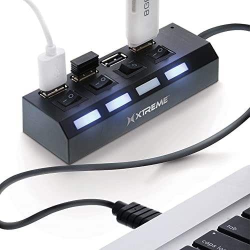 Xtreme 4-PORT USB Hub, 4 Индивидуални LED Прекинувачи За Напојување, Работи Со Лаптопи/Десктоп Компјутери, Ги Поддржува Сите USB Уреди: Безжични