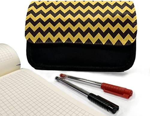 Необичен случај со молив со шеврон, геометриски симетрични ленти, торба со молив со ткаенини со двоен патент, 8,5 x 5,5, темно кафеава земја
