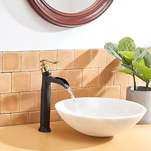 Bathfinesse садови мијалник за мијалник во водопад злато со мат црна единечна дупка тапа за бања за мијалник со мијалник без одводнување без прелевање