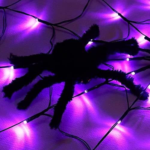 Ноќта на вештерките 70 LED пајачни веб -светла со пајак, 3,28 метри со дијаметар Виолетова Ноќта на вештерките со 8 режими, далечински