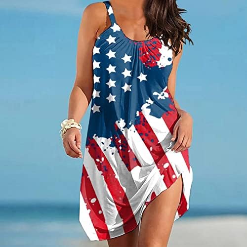 Миашуи Удобни Фустани Денот На Независноста За Жени Мода Американски 4 од јули Елегантен О Вратот Без Ракави Летен Фустан за