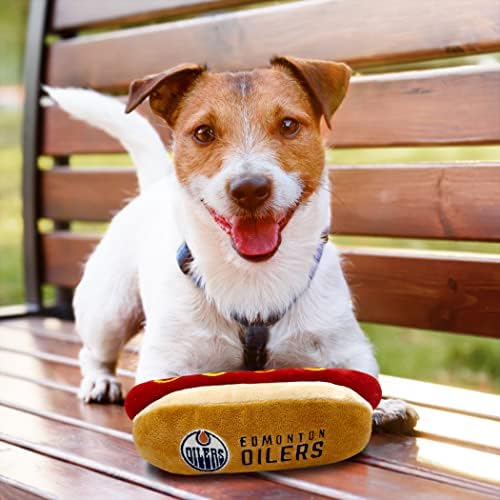 Миленичиња прва NHL Edmonton Oilers Hot Dog Plush Dog & Cat Screak Toy - најтешка играчка за закуска со топло -кучиња за кучиња и мачки со внатрешен пискач и убаво име/лого на тимот на хокеј