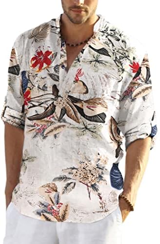 Коофанди машка памучна постелнина Хенли кошула со долги ракави хипи -обични маици со плажа