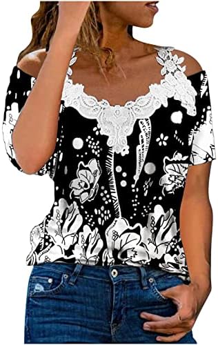 Маици пулвер женски пролет лето печатено чипка чиста чиста чиста кратка ракав V врат маица Топ блуза