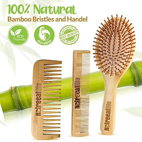NatrealLife - 3 парчиња природна бамбус четка за коса сет за жени, мажи и деца | Вклучува четка за коса за масажа на скалпот, Widetooth