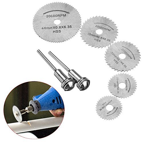 7PCS HSS Mini Circular Saw Blade Set со 2 комплет за сечење на тркала за сечење на тркала 22/25/32/35/44mm за ротациони алати од дрво пластичен метален камен сечење