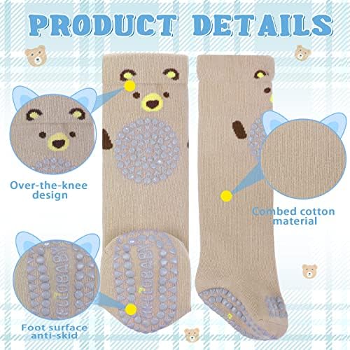 Mepase 5 пара колено високо дете зафаќа чорапи кои не се лизгаат бебешки ползи, анти -лизгачки ползи новороденчиња чорапи за момче