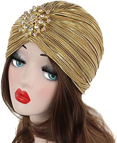 Женска рафла турбанска капа сјај, плетенка глава за истегнување хемо капа со одвојлив кристален брош