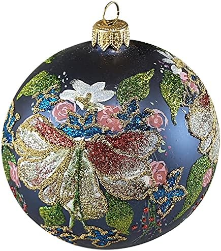 Божиќен украс на Силвердо, изработен од стакло, топка од 10 см, мотив за кралски везови на темно сина топка
