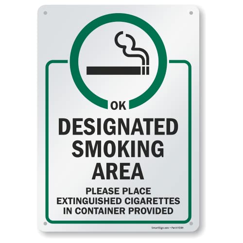 SmartSign 14 x 10 инчи „Назначена област за пушење - Место изгаснети цигари во контејнер обезбеден“ метален знак, 40 мил ламинат од алуминиум,