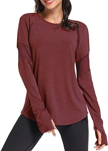 Muzniuer женски долги ракави вежбање кошули-обична маичка со долги ракави за жени јога спортска маица активна облека со дупка