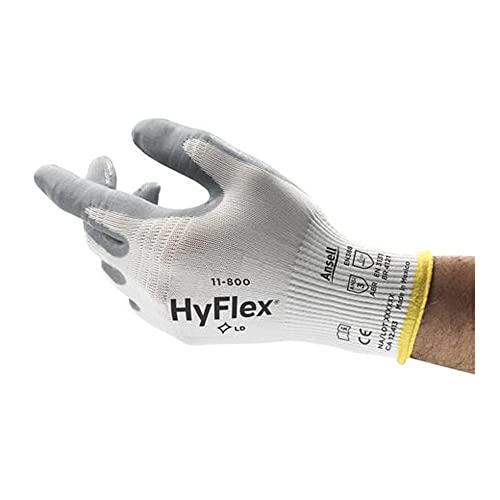 ANSELL 103333 HYFLEX SERIES 11-800 PONEY NITRILE PRECISION PRECHENT PATERCHING за ракување со мали делови, големина 9, бела/сива