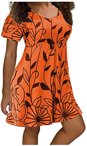Плус големина Хаваи фустан за жени 2023 Тркалезен врат цвеќиња со цвеќиња со кратки ракави, мини фустан, трендовски преголем проток