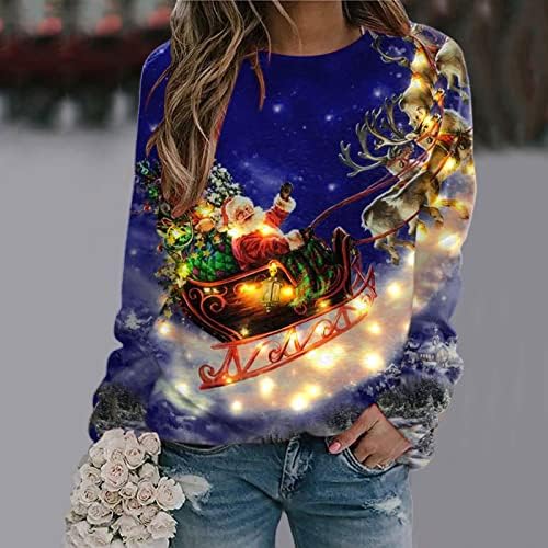 Зимски кошули на Енија за жени екипаж на весели Божиќни маици мека опуштена блуза за завиткување за жени