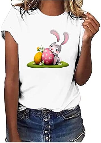 Бели кошули за жени обични летни слатки зајаче графички маички кратки ракави блуза Велигденска празнична туника кошула