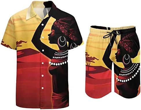 Weedkeycat африкански жени машка плажа облека 2 парчиња хавајски копче надолу со кошула Краток ракав и шорцеви