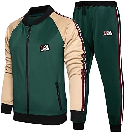 Блок за блокирање на бои за мажи 2 парчиња облеки со долги ракави целосни поштенски јакни и џогери спортови поставени обични тенок пот.