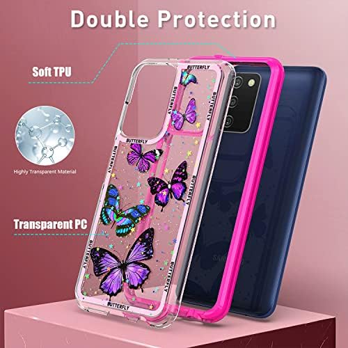 Качен За Случајот Samsung Galaxy A03s, ТОПЛА Розова Рамка 3D Rhinestone Пеперутка Тенок Фит Треперлив Сјај Хибриден Браник Отпорен На