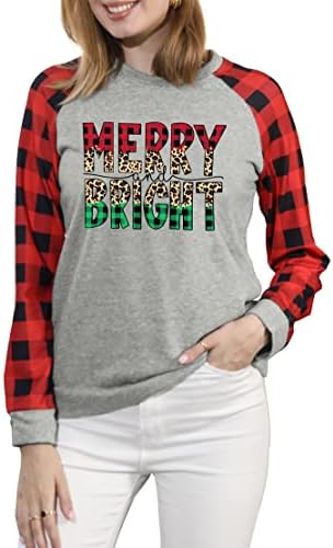 VVNTY Божиќни џемпери за жени Божиќ кошула леопард графички блок во боја Божиќна снегулка печати долг ракав врв