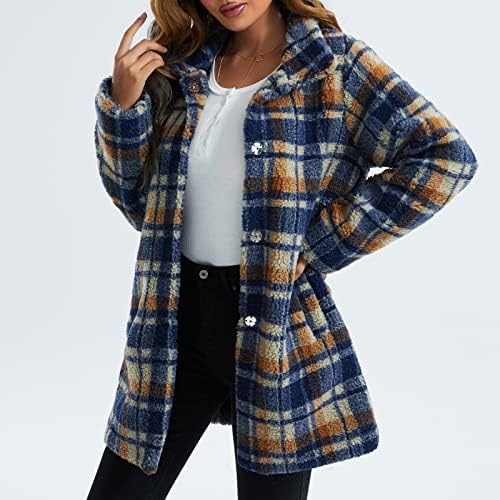 Кокера моден зимски палто за жени Елегантно карирано руно лапел џемпер јакни со обичен преголем палто со џебови со џебови