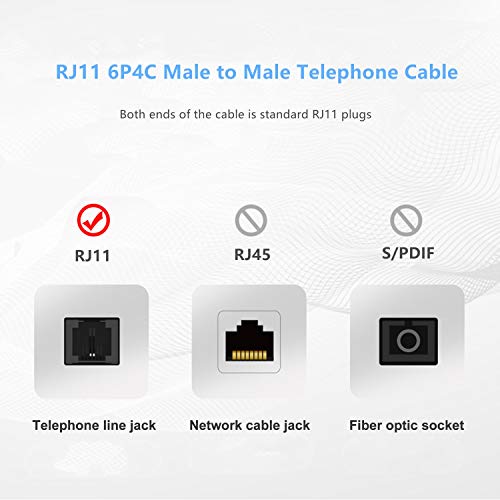 Краток телефонски кабел, 2 пакувања 12 инчи RJ11 6P4C машки до машки телефонски фиксни кабелски кабелски конектор за жица за фиксни телефони,