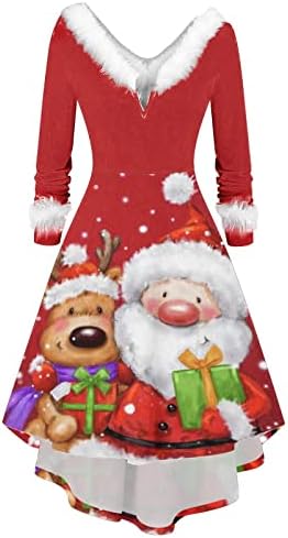 Симпатична Елен Графички Божиќен Фустан Жени Со Долги Ракави Крзнени V Вратот Вечерна Забава Фустан Висок Низок Коктел Божиќни Фустани