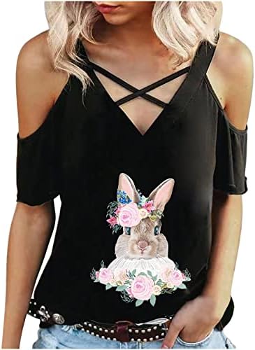Велигденски кошули за жени надвор од рамото Симпатични зајаче графички маички Топ вкрстени ленти за прашкасти маици лабави обичен пуловер