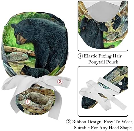 Медицински капачиња Ratgdn за жени со копчиња долга коса, 2 парчиња прилагодливо работно капаче, црни мечки