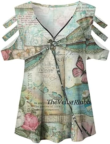 Длабока V вратот маица Девојки од рамената Краток ракав 2023 памук патент до цветна графичка блуза мета за жени UC
