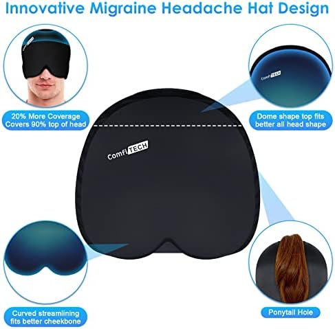 Comfitech Голема мигрена ледена глава за завиткување, капаче за олеснување на главоболката за мигрена и мраз на лактот за тетинитис и