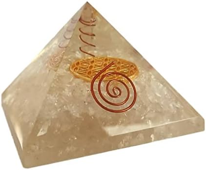 Sharvgun Orgonite Pyramid Clear Quartz Gemstone Flower of Life Orgone Pyramid Негативна заштита на енергија 65-70 mm, Etra голема пирамида со 4 кристали за заздравување, балансирање на чакра, подарок за Реи