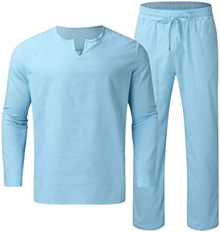 Xiloccer машки 2 парчиња поставени памучни постелнина кратки ракави Хенли кошула и шорцеви поставува летни облека за спортска облека