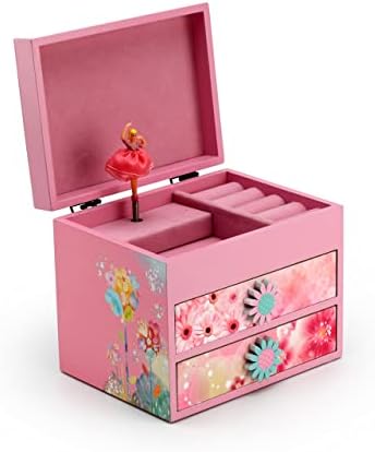 Розова дрвена цветна тема 18 белешка што се врти балерина музичка кутија - многу песни што треба да се изберат - весела вдовица Волц, The