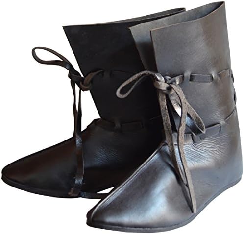 Средновековна кожа чевли кафеава ренесансна чизми долги со кожни ленти апс