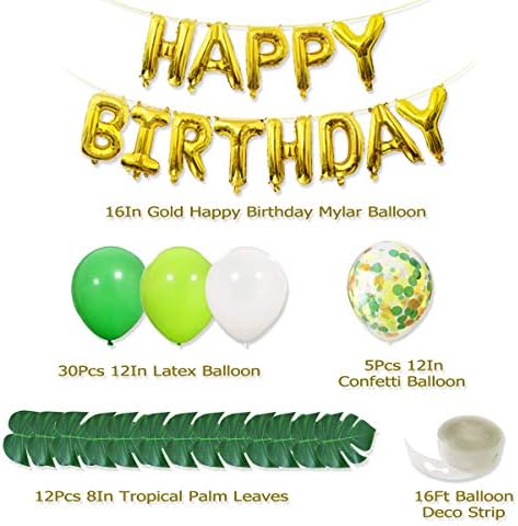 Џунгла Тема Партија Материјали - 16 инчен Среќен Роденден Банер со 12 парчиња Палма Лисја 30 парчиња Латекс Балони 5 парчиња