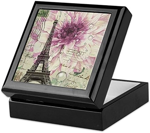 Cafepress Postmark Floral Paris Aiffel Tower Art Coldsake Bo Keepsake Box, готови кутии за накит од тврдо дрво, кадифена обложена