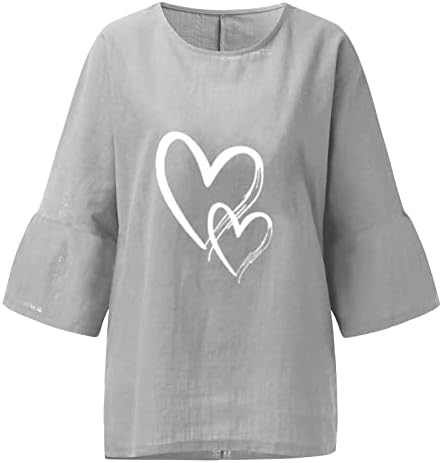 Памучни постелнини врвови за жени 3/4 ракав срце графички печатен екипаж вратот Туника маички летни странични кошули со разделени