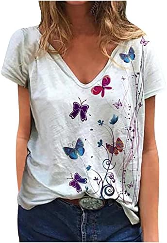 Краток ракав 2023 V вратот памук пеперутка цветни графички лабави лабави вклопени опуштени врвни кошула за девојки маица ya