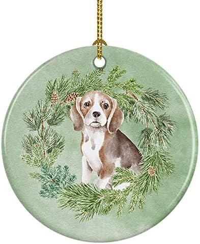 Богатства на Каролина CK8818CO1 Beagle кученце Божиќен венец керамички украс, украси за новогодишни елки, висечки украс за Божиќ, празник, забава, подарок,